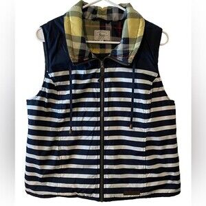 Bass & Co. Petite L. Navy & white Stripe and plaid quilted vest casual vacation